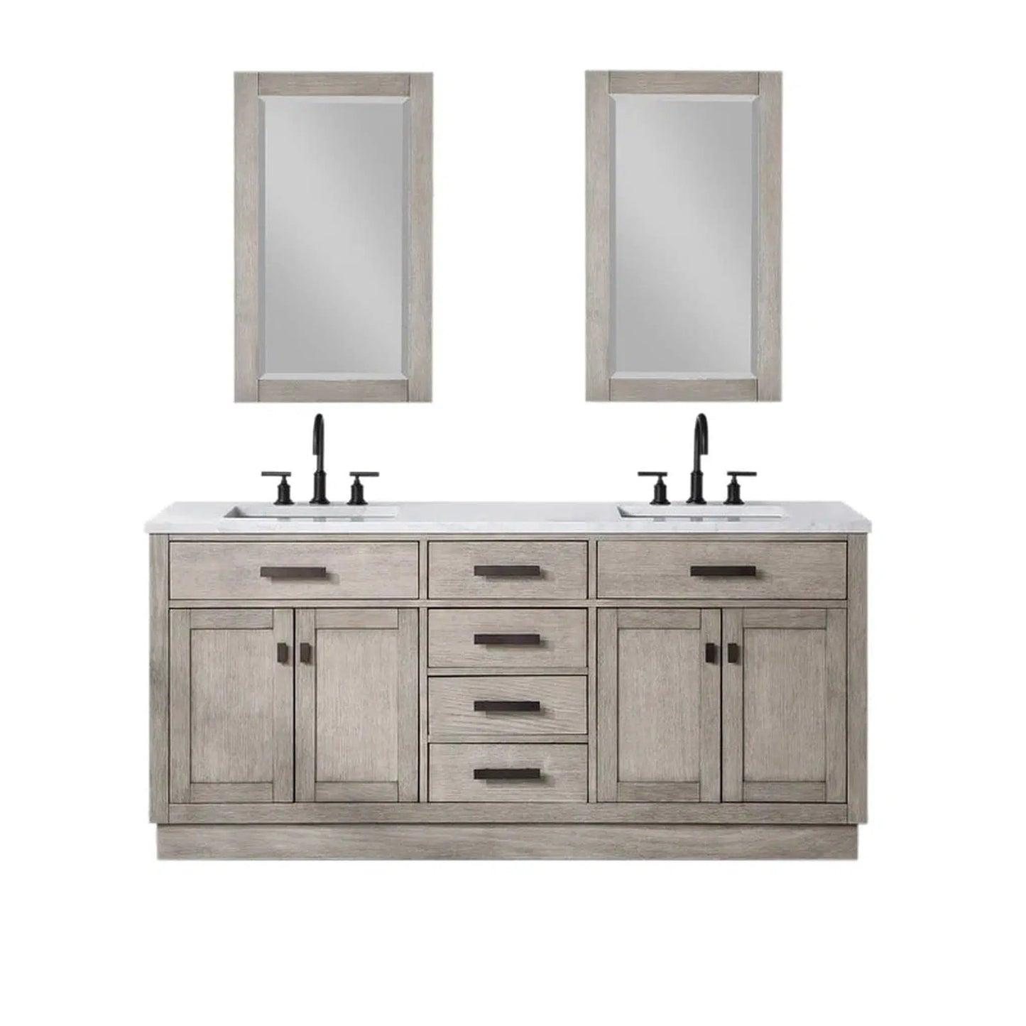 Water Creation Chestnut 72" Double Sink Carrara White Marble Countertop Vanity In Grey Oak with Grooseneck Faucets