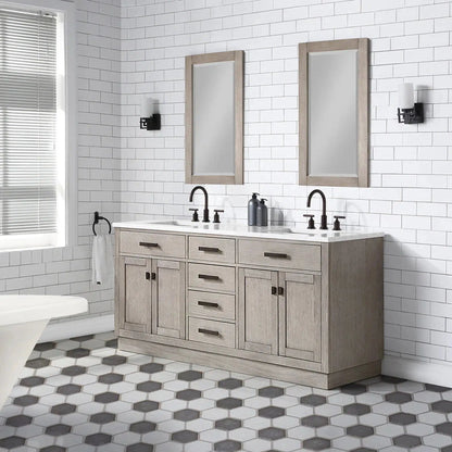 Water Creation Chestnut 72" Double Sink Carrara White Marble Countertop Vanity In Grey Oak with Grooseneck Faucets