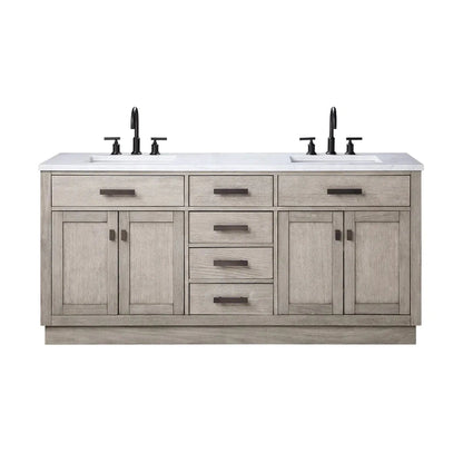 Water Creation Chestnut 72" Double Sink Carrara White Marble Countertop Vanity In Grey Oak with Grooseneck Faucets and Mirrors