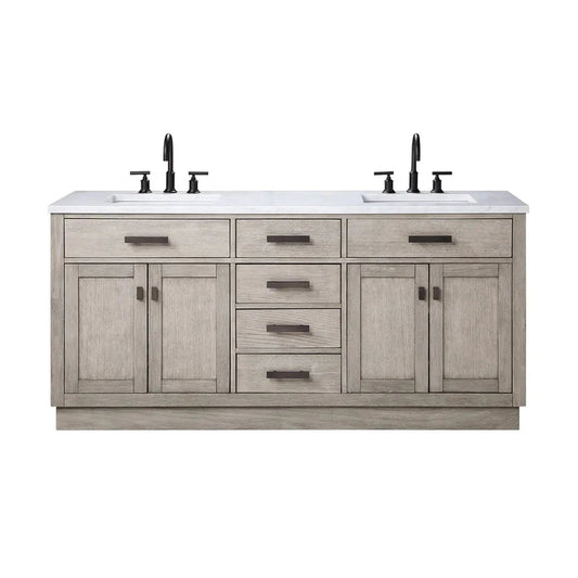 Water Creation Chestnut 72" Double Sink Carrara White Marble Countertop Vanity In Grey Oak with Grooseneck Faucets and Mirrors