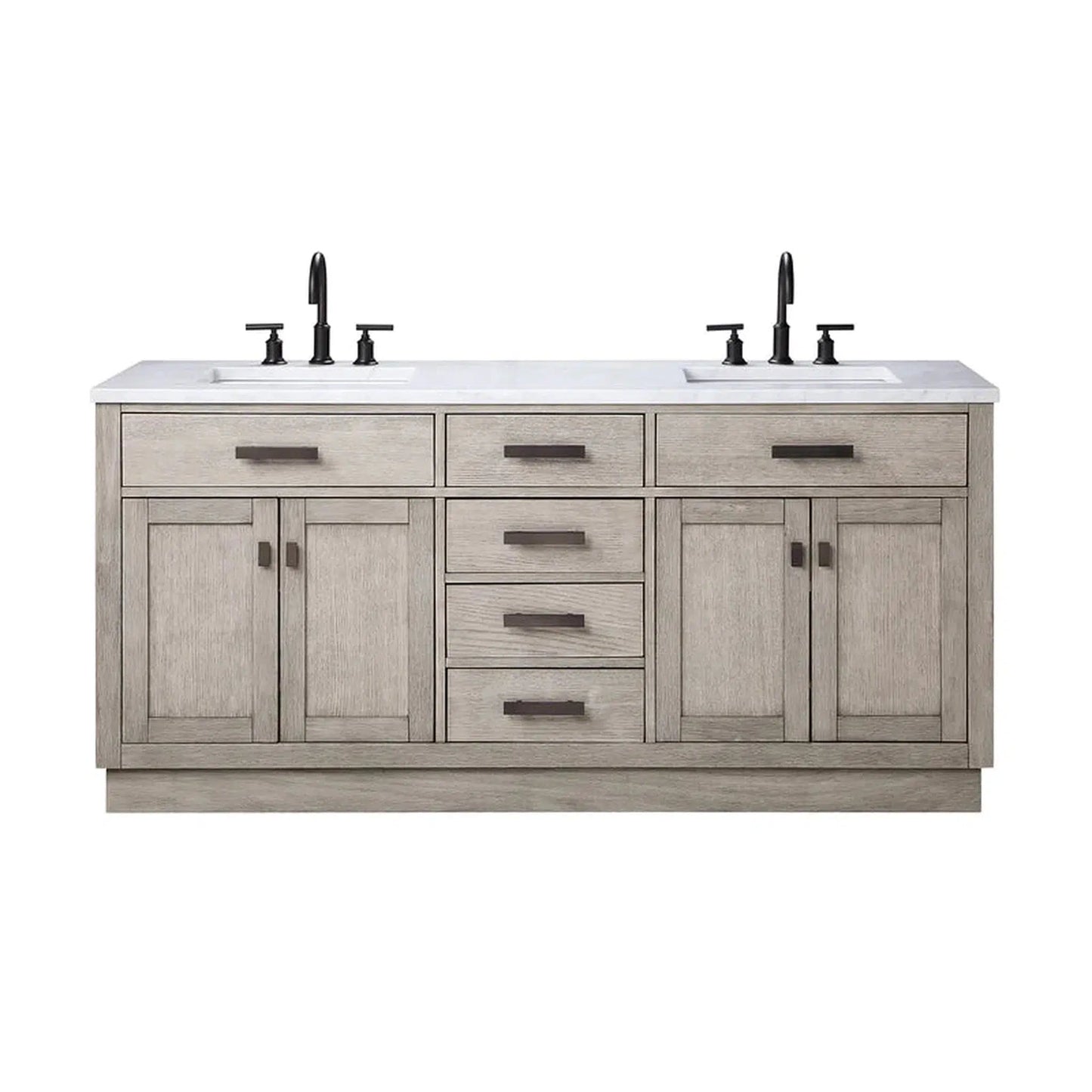 Water Creation Chestnut 72" Double Sink Carrara White Marble Countertop Vanity In Grey Oak with Grooseneck Faucets