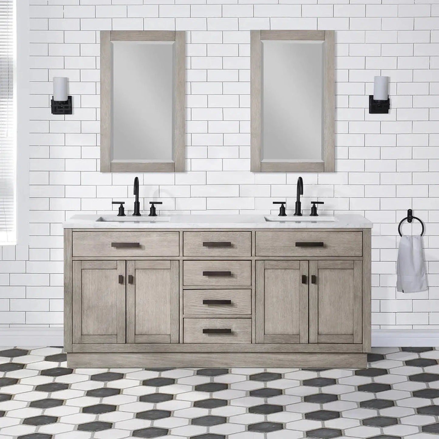 Water Creation Chestnut 72" Double Sink Carrara White Marble Countertop Vanity In Grey Oak with Mirrors