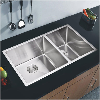 Water Creation Corner Radius 60/40 Double Bowl Stainless Steel Hand Made Undermount 33 Inch X 20 Inch Sink With Drains, Strainers, And Bottom Grids