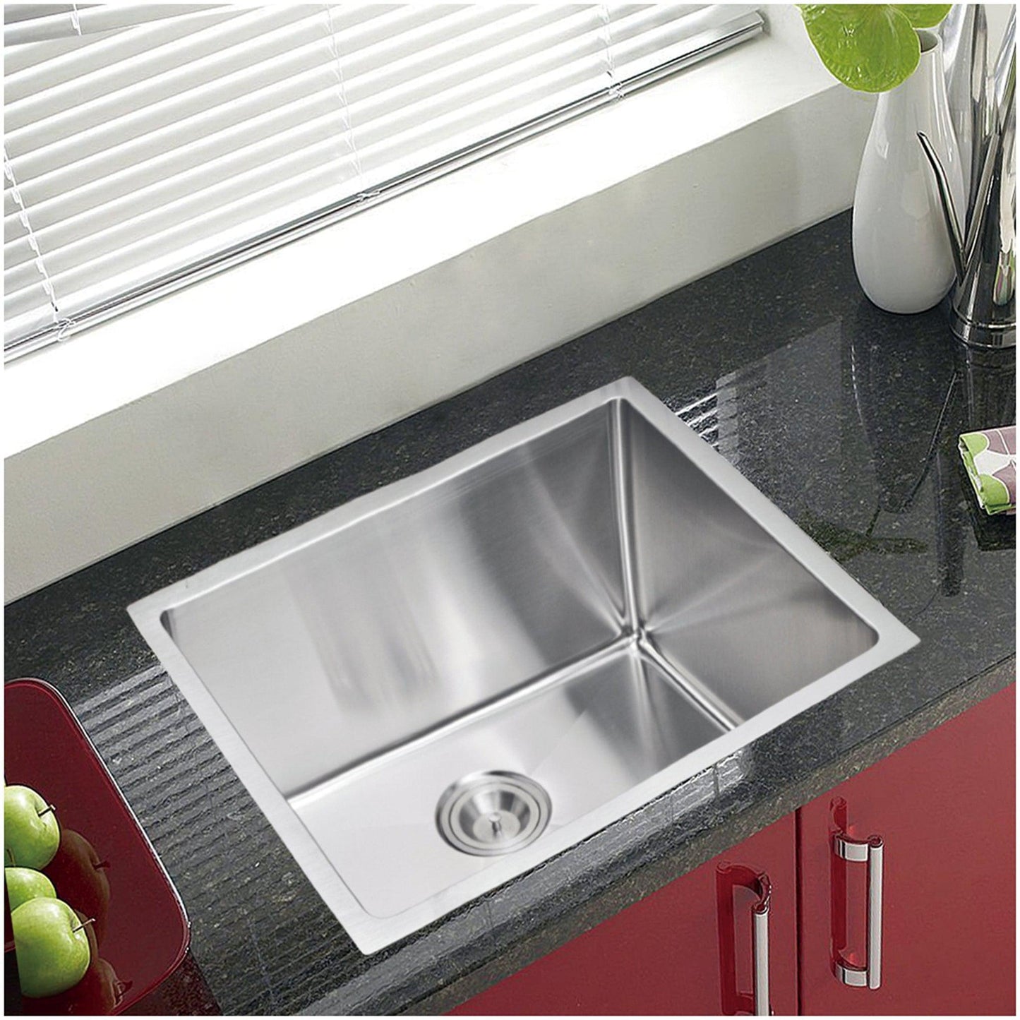 Water Creation Corner Radius Single Bowl Stainless Steel Hand Made Undermount 23 Inch X 20 Inch Sink With Drain, Strainer, And Bottom Grid