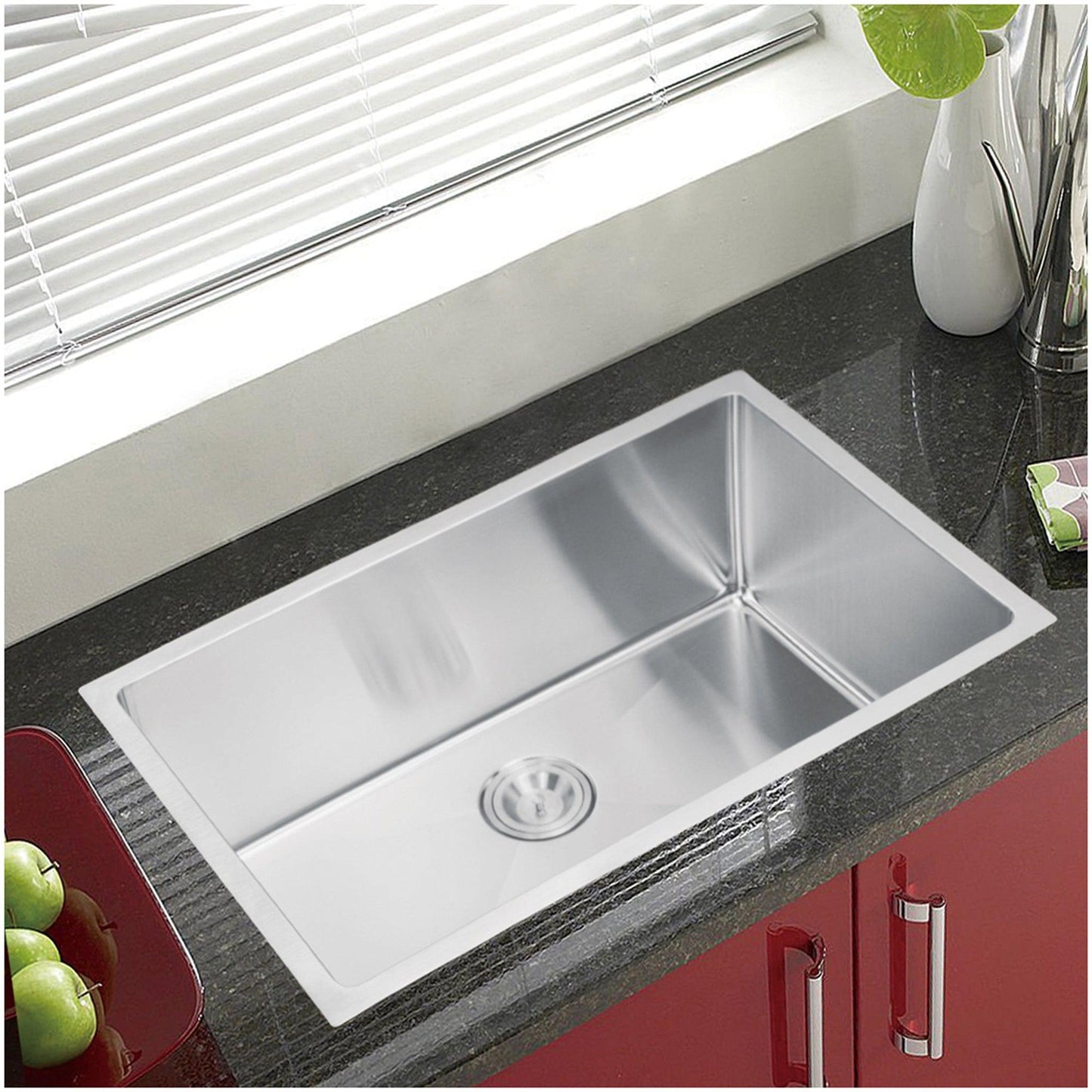 Water Creation Corner Radius Single Bowl Stainless Steel Hand Made Undermount 30 Inch X 19 Inch Sink With Drain, Strainer, And Bottom Grid
