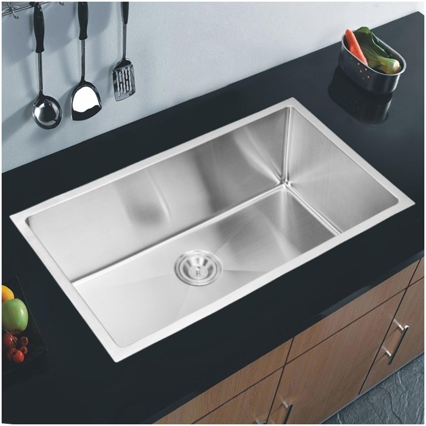 Water Creation Corner Radius Single Bowl Stainless Steel Hand Made Undermount 32 Inch X 19 Inch Sink With Drain And Strainer