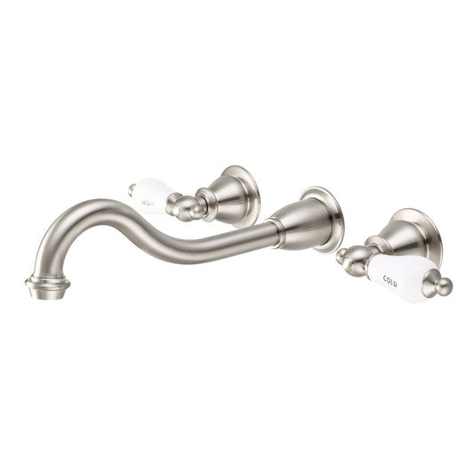 Water Creation Elegant Spout Wall Mount Vessel/Lavatory F4-0001 8" Grey Solid Brass Faucet With Porcelain Lever Handles, Hot And Cold Labels Included