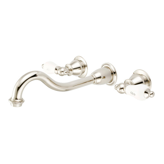 Water Creation Elegant Spout Wall Mount Vessel/Lavatory F4-0001 8" Ivory Solid Brass Faucet With Porcelain Lever Handles, Hot And Cold Labels Included