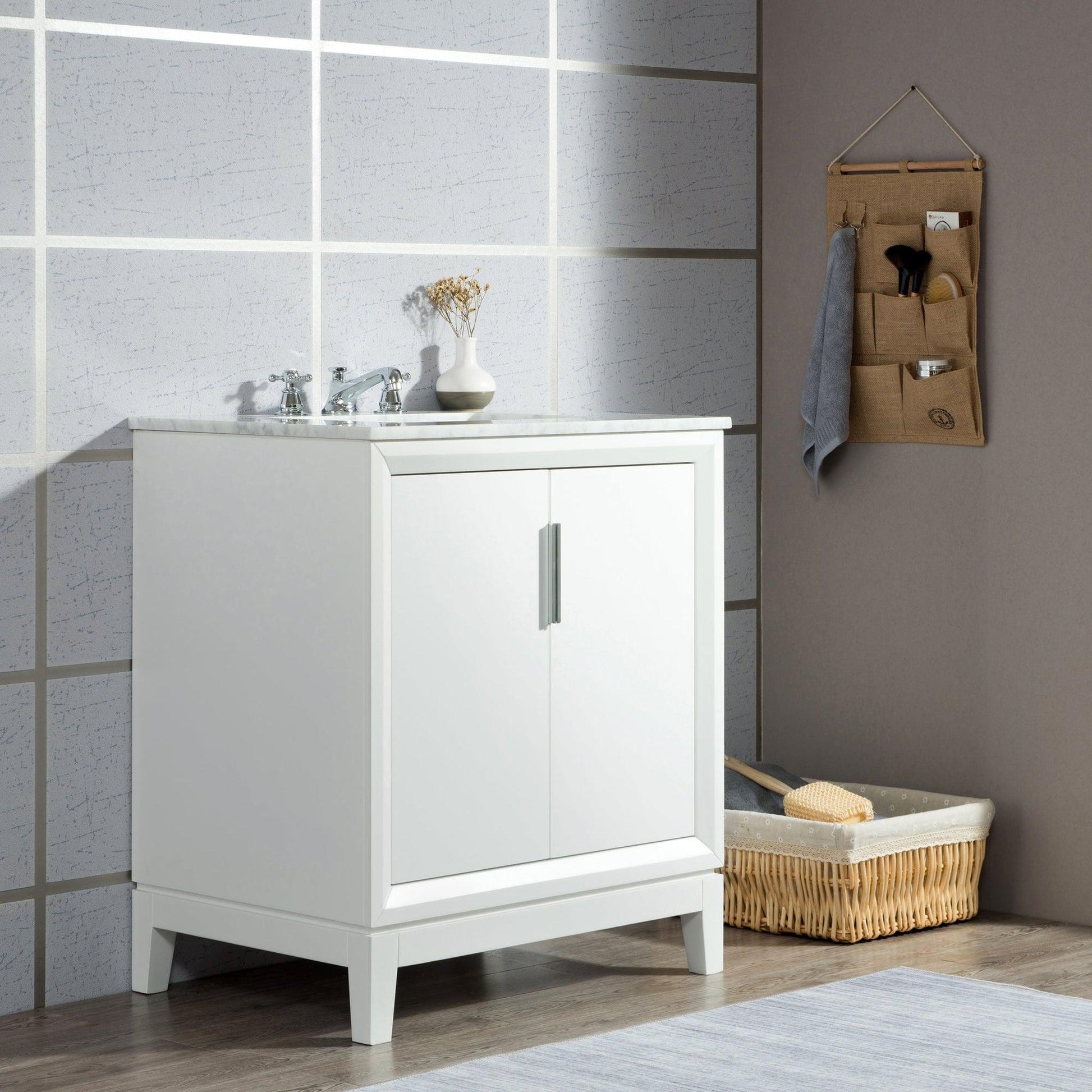 Water Creation Elizabeth 30" Single Sink Carrara White Marble Vanity In Pure White With Matching Mirror