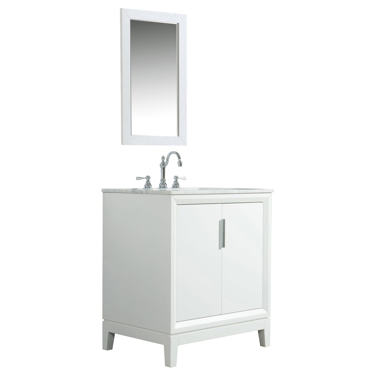 Water Creation Elizabeth 30" Single Sink Carrara White Marble Vanity In Pure White With Matching Mirror and F2-0012-01-TL Lavatory Faucet