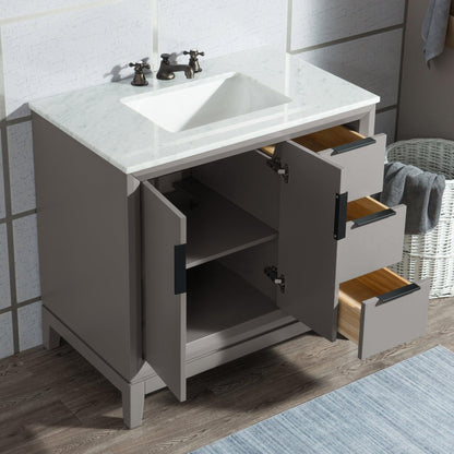 Water Creation Elizabeth 36" Single Sink Carrara White Marble Vanity In Cashmere Grey With Matching Mirror