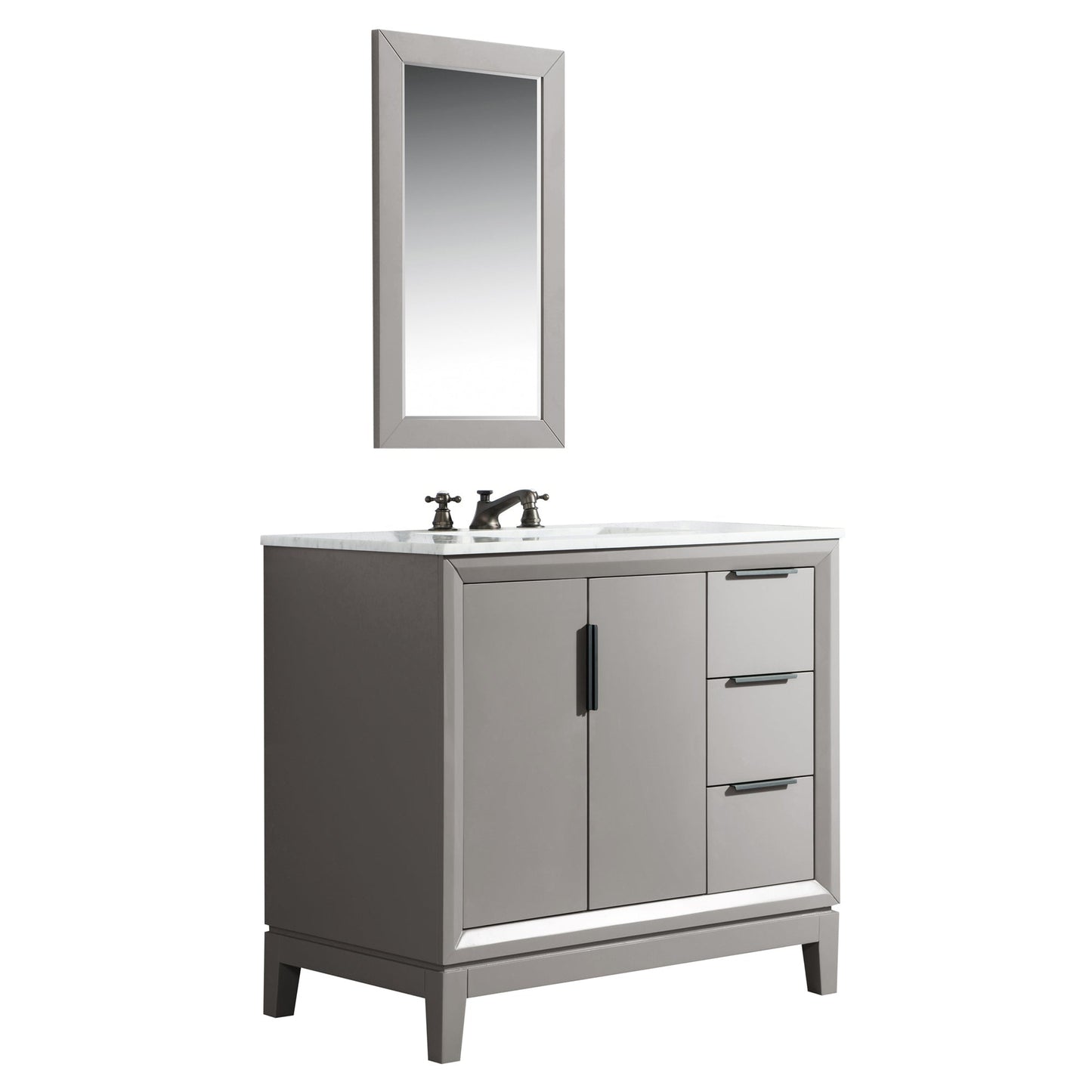 Water Creation Elizabeth 36" Single Sink Carrara White Marble Vanity In Cashmere Grey With Matching Mirror and F2-0009-03-BX Lavatory Faucet