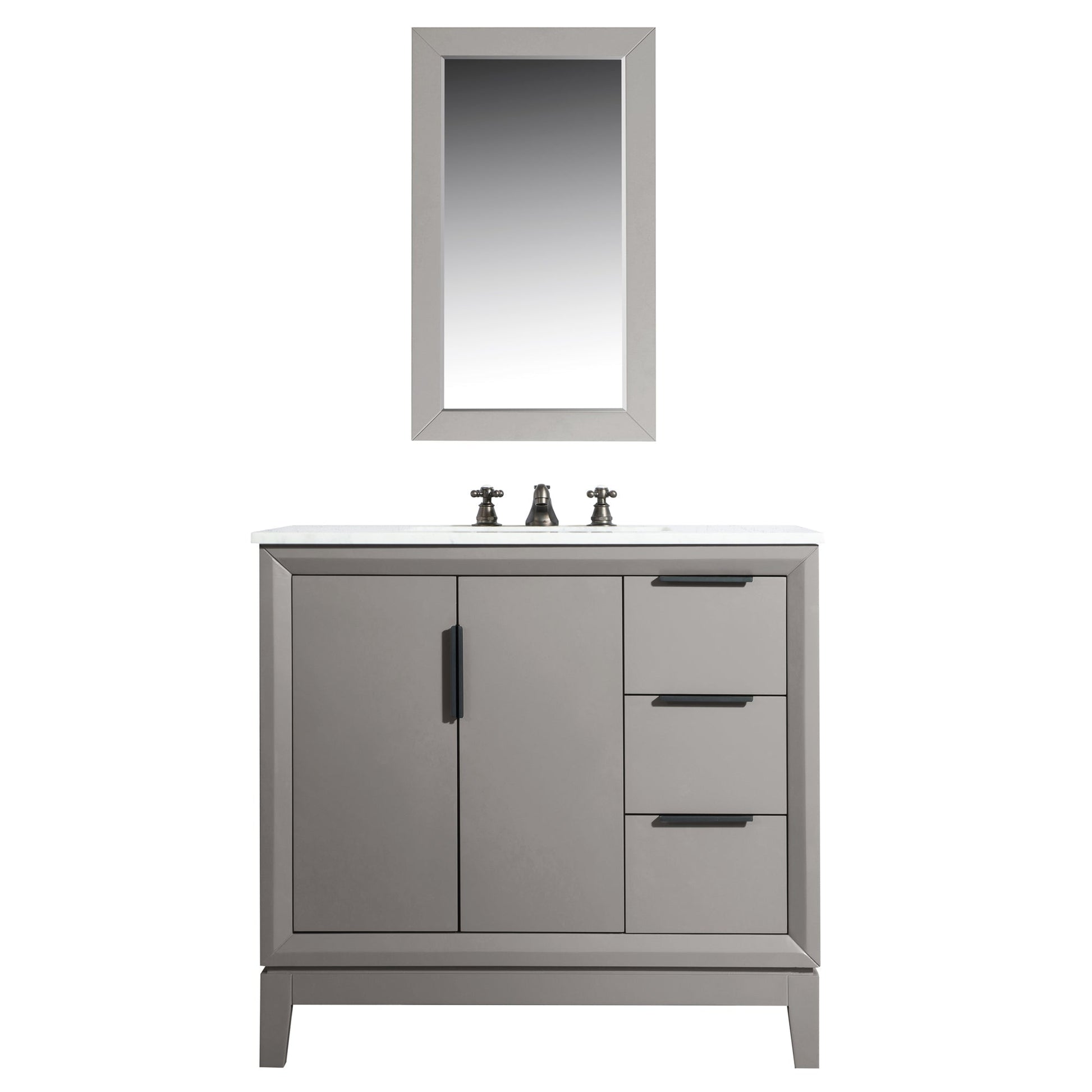 Water Creation Elizabeth 36" Single Sink Carrara White Marble Vanity In Cashmere Grey With Matching Mirror and F2-0009-03-BX Lavatory Faucet