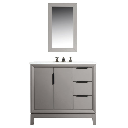 Water Creation Elizabeth 36" Single Sink Carrara White Marble Vanity In Cashmere Grey With Matching Mirror and F2-0009-03-BX Lavatory Faucet