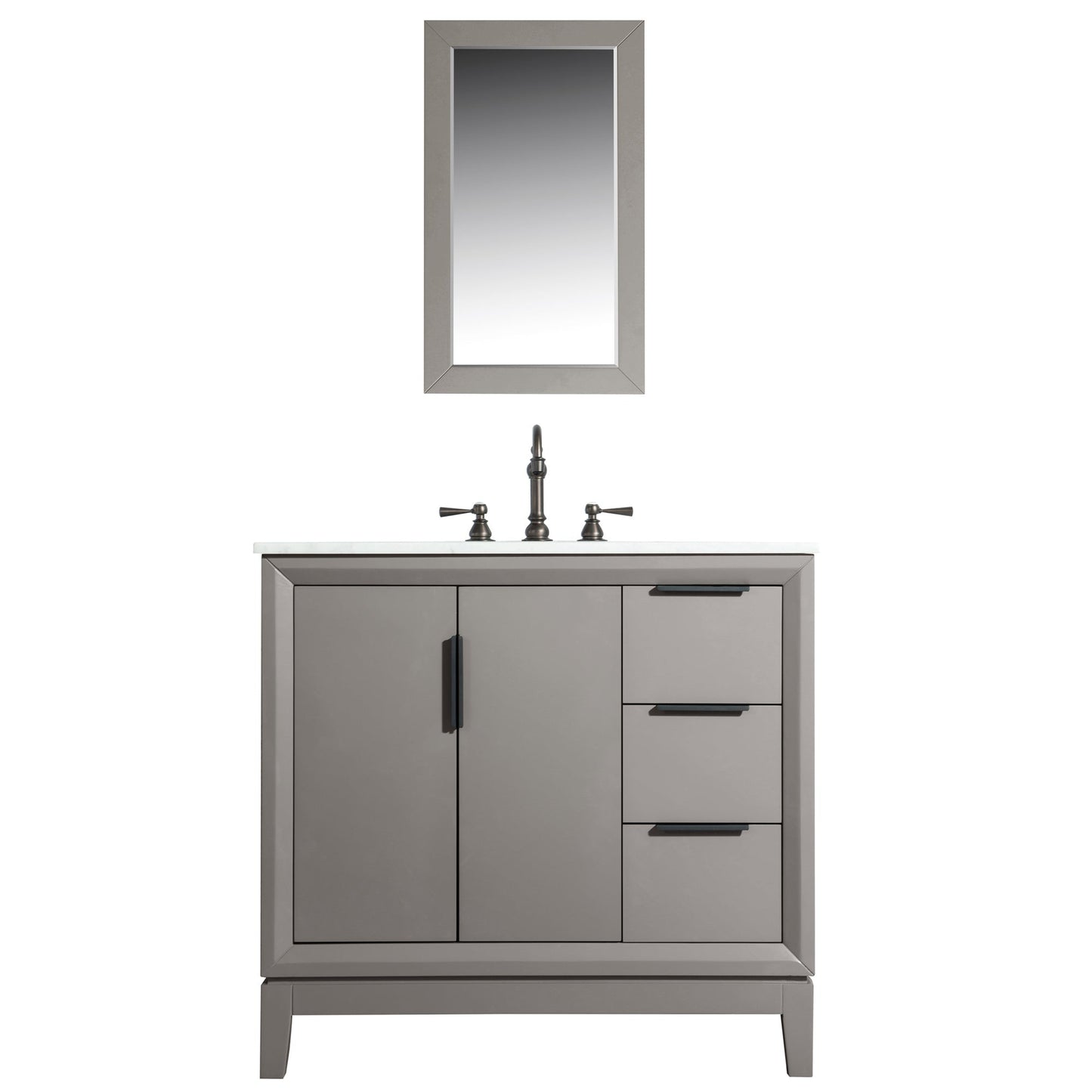 Water Creation Elizabeth 36" Single Sink Carrara White Marble Vanity In Cashmere Grey With Matching Mirror and F2-0012-03-TL Lavatory Faucet