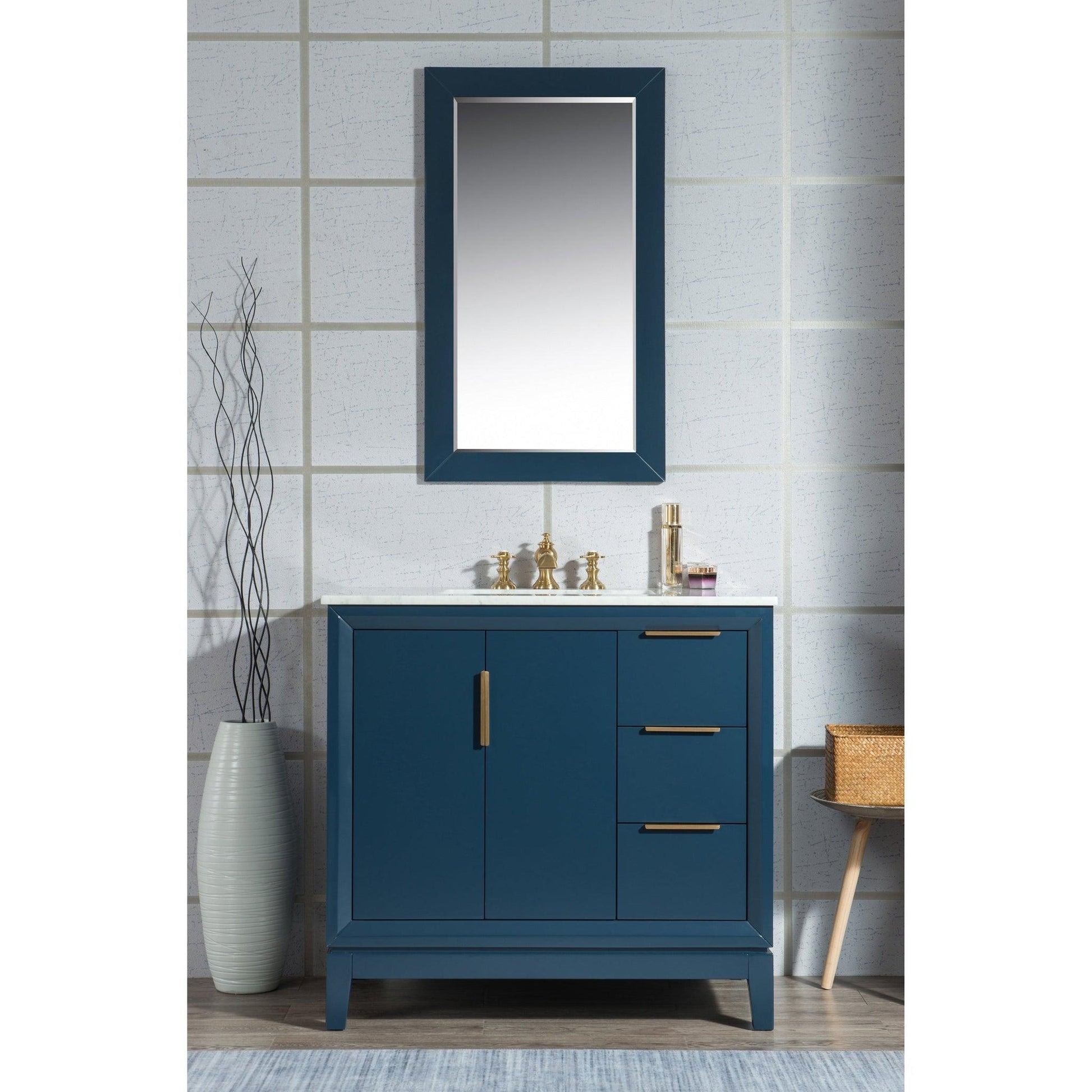 Water Creation Elizabeth 36" Single Sink Carrara White Marble Vanity In Monarch Blue