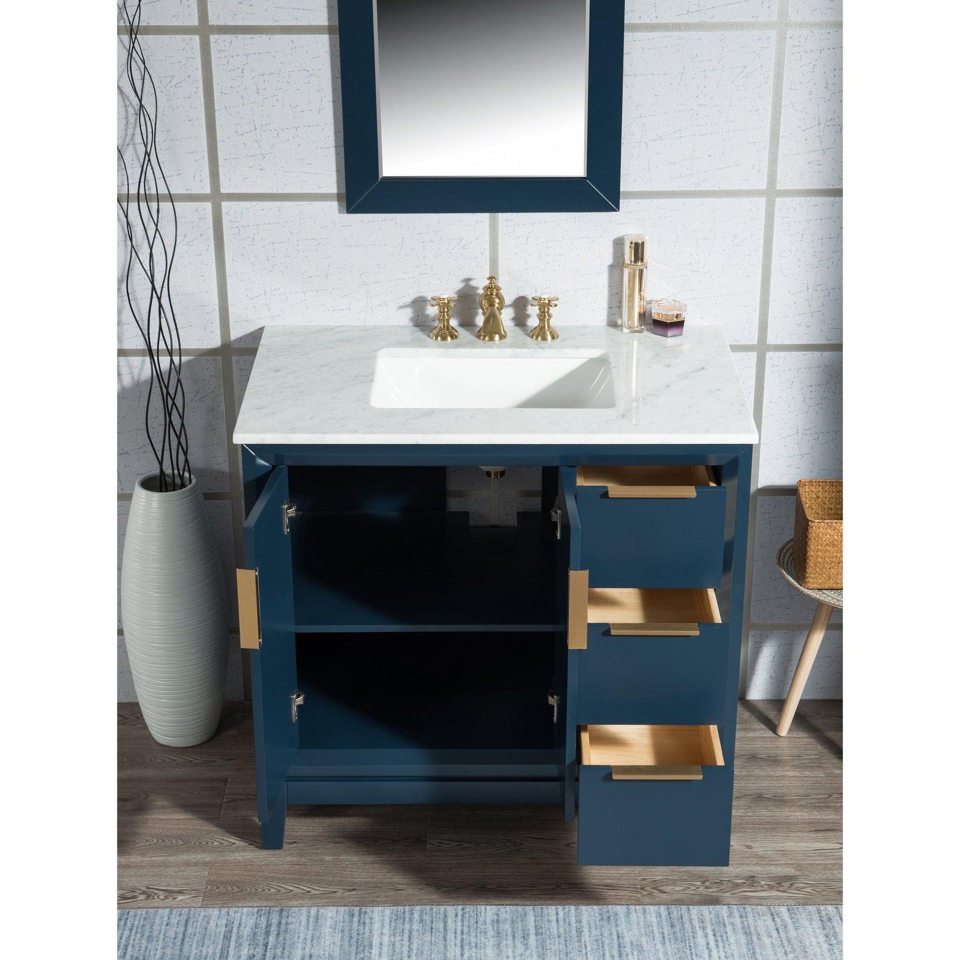 Water Creation Elizabeth 36" Single Sink Carrara White Marble Vanity In Monarch Blue