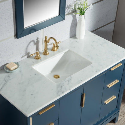 Water Creation Elizabeth 48" Single Sink Carrara White Marble Vanity In Monarch Blue With F2-0012-06-TL Lavatory Faucet