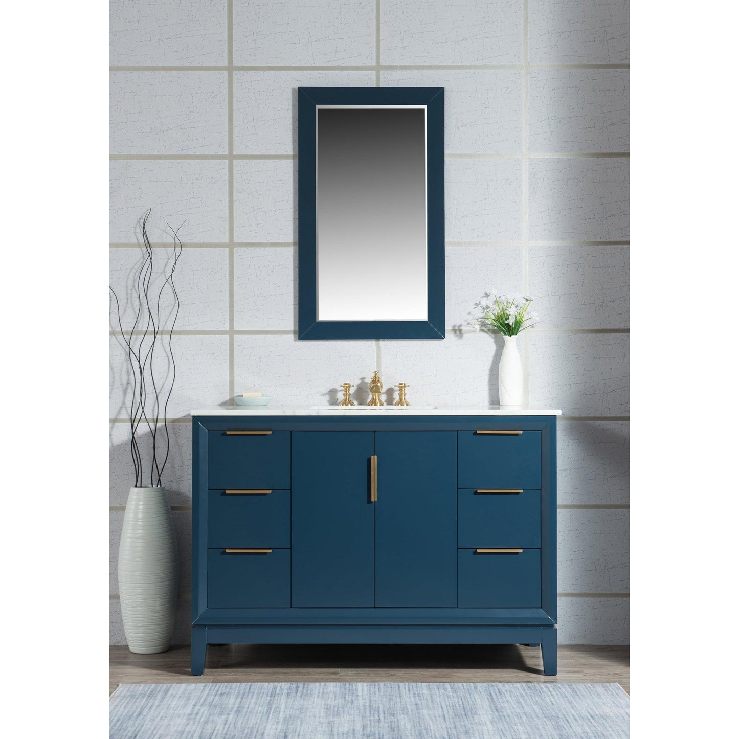 Water Creation Elizabeth 48" Single Sink Carrara White Marble Vanity In Monarch Blue With Matching Mirror