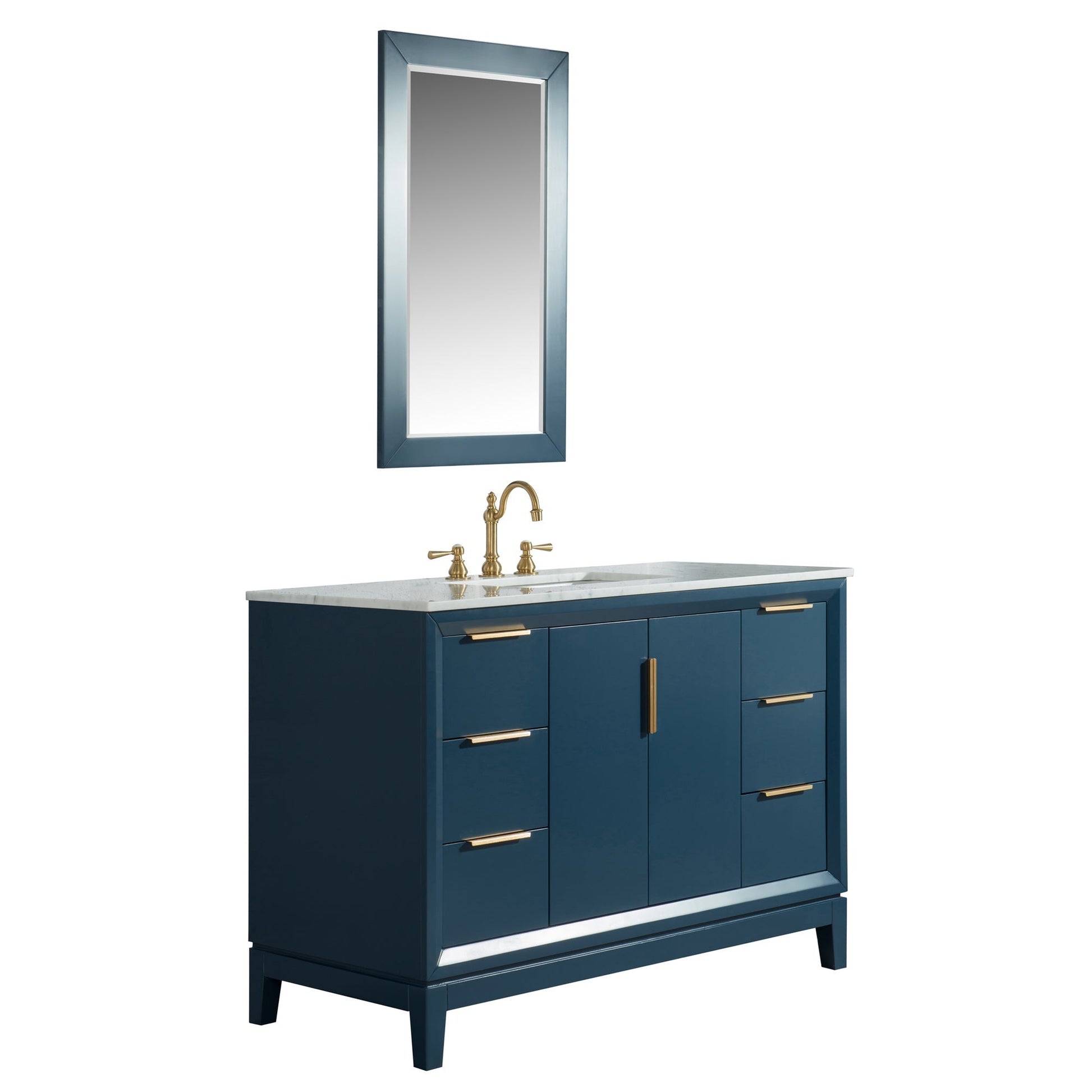 Water Creation Elizabeth 48" Single Sink Carrara White Marble Vanity In Monarch Blue With Matching Mirror and F2-0012-06-TL Lavatory Faucet