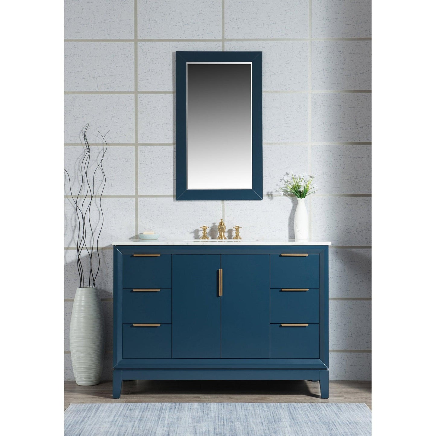 Water Creation Elizabeth 48" Single Sink Carrara White Marble Vanity In Monarch Blue With Matching Mirror and F2-0013-06-FX Lavatory Faucet