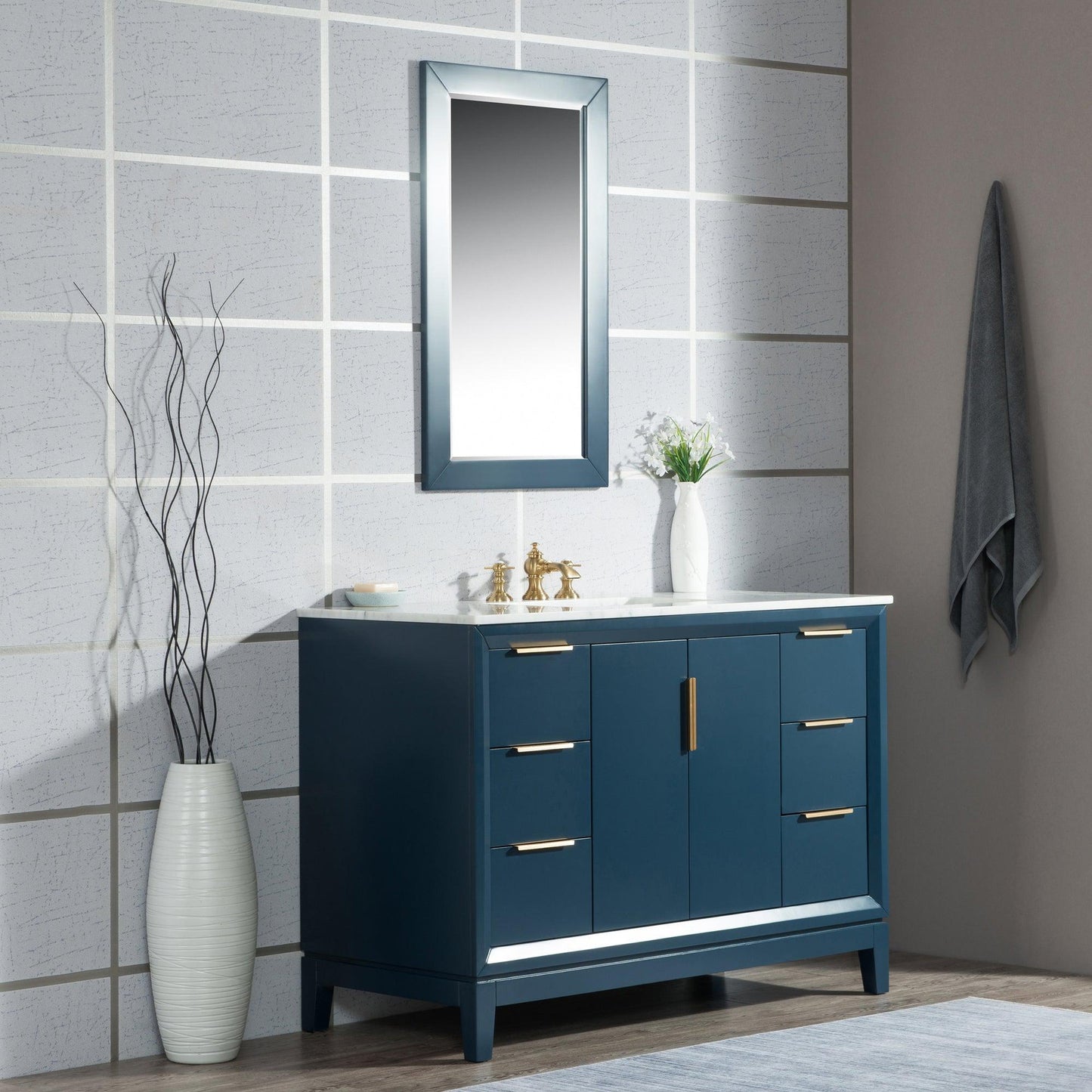 Water Creation Elizabeth 48" Single Sink Carrara White Marble Vanity In Monarch Blue With Matching Mirror and F2-0013-06-FX Lavatory Faucet