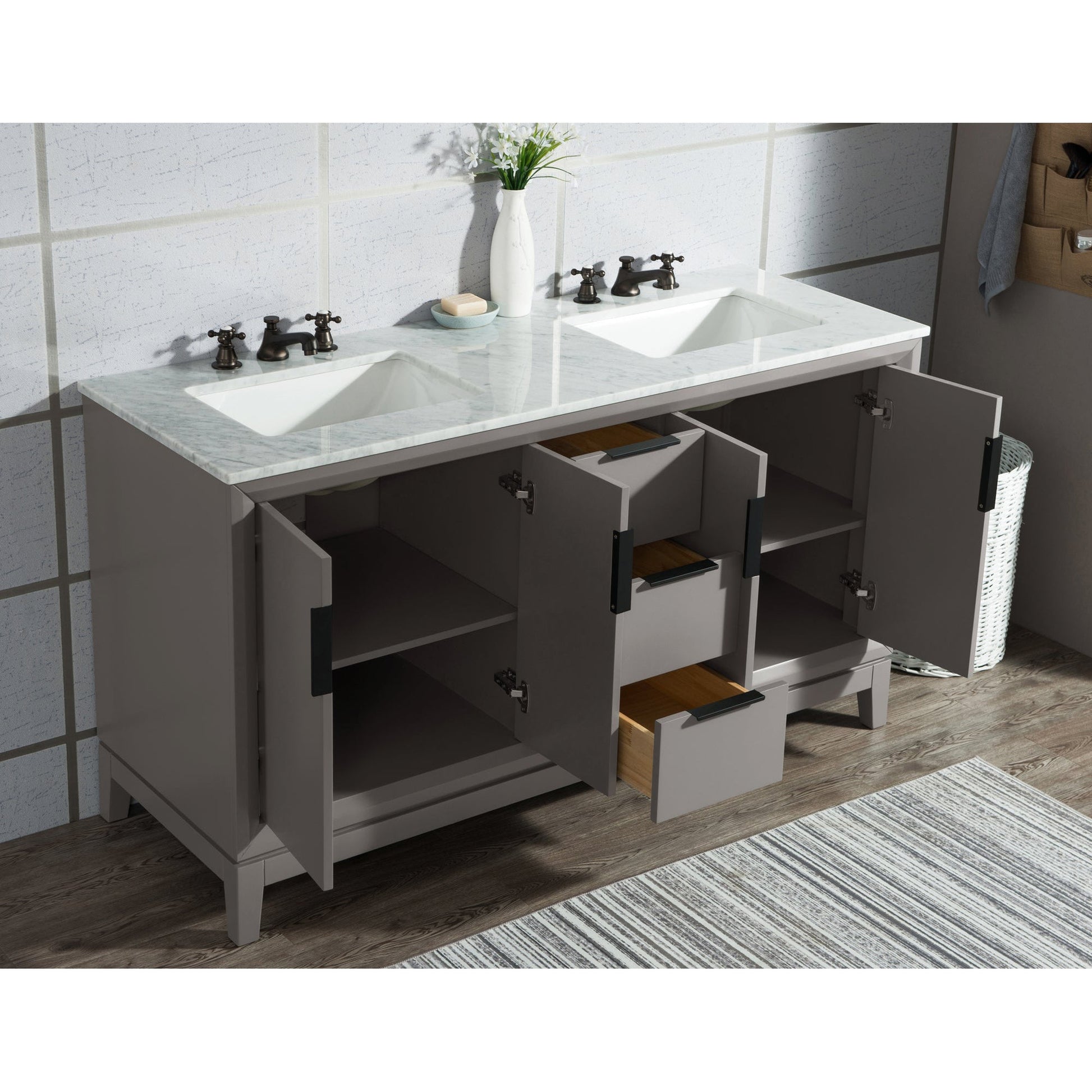 Water Creation Elizabeth 60" Double Sink Carrara White Marble Vanity In Cashmere Grey