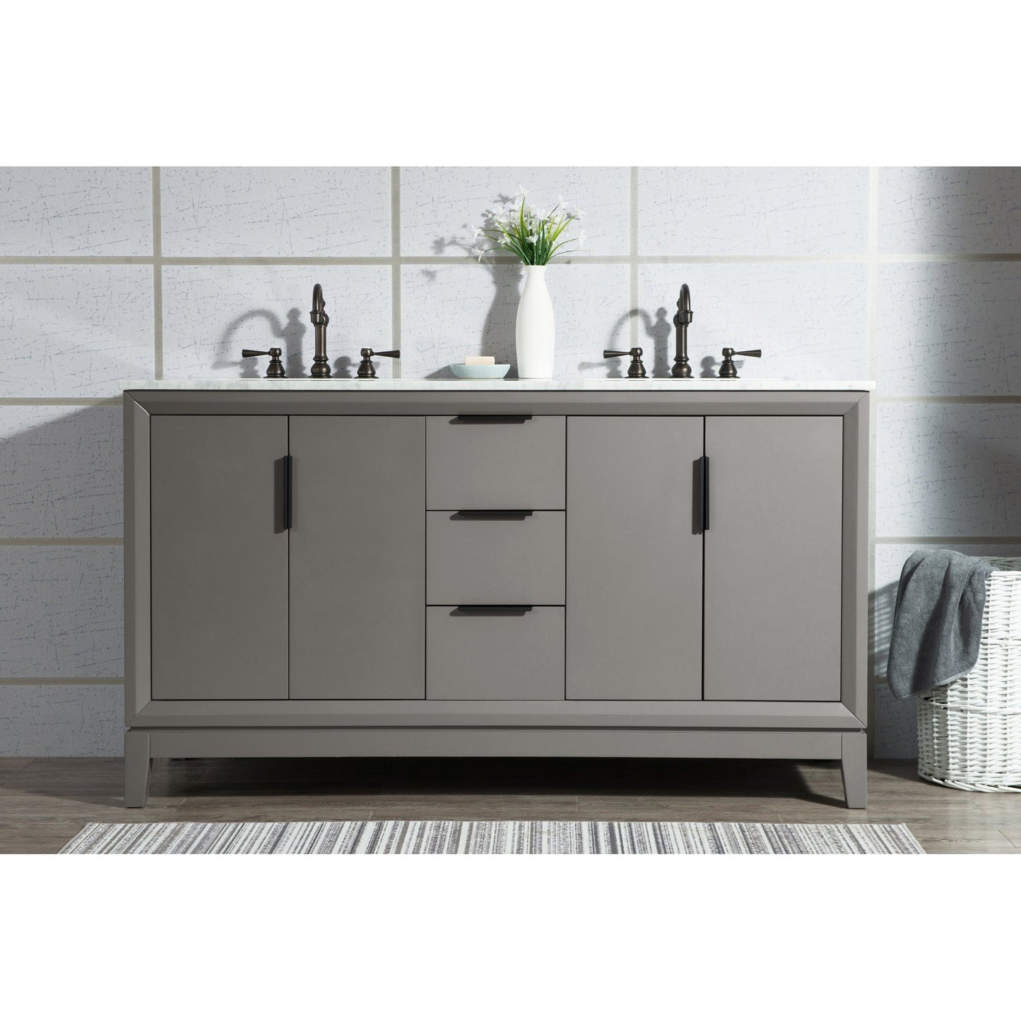 Water Creation Elizabeth 60" Double Sink Carrara White Marble Vanity In Cashmere Grey With F2-0012-03-TL Lavatory Faucet