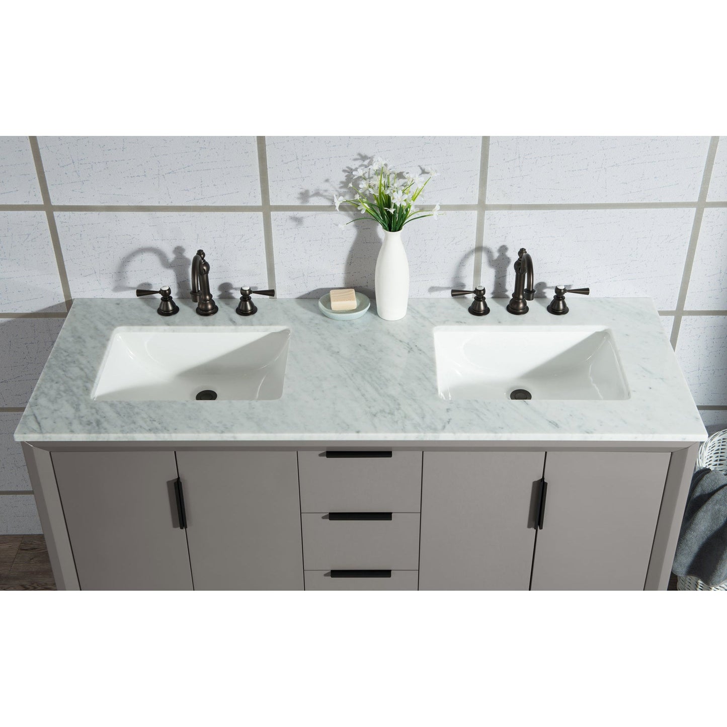 Water Creation Elizabeth 60" Double Sink Carrara White Marble Vanity In Cashmere Grey With F2-0012-03-TL Lavatory Faucet