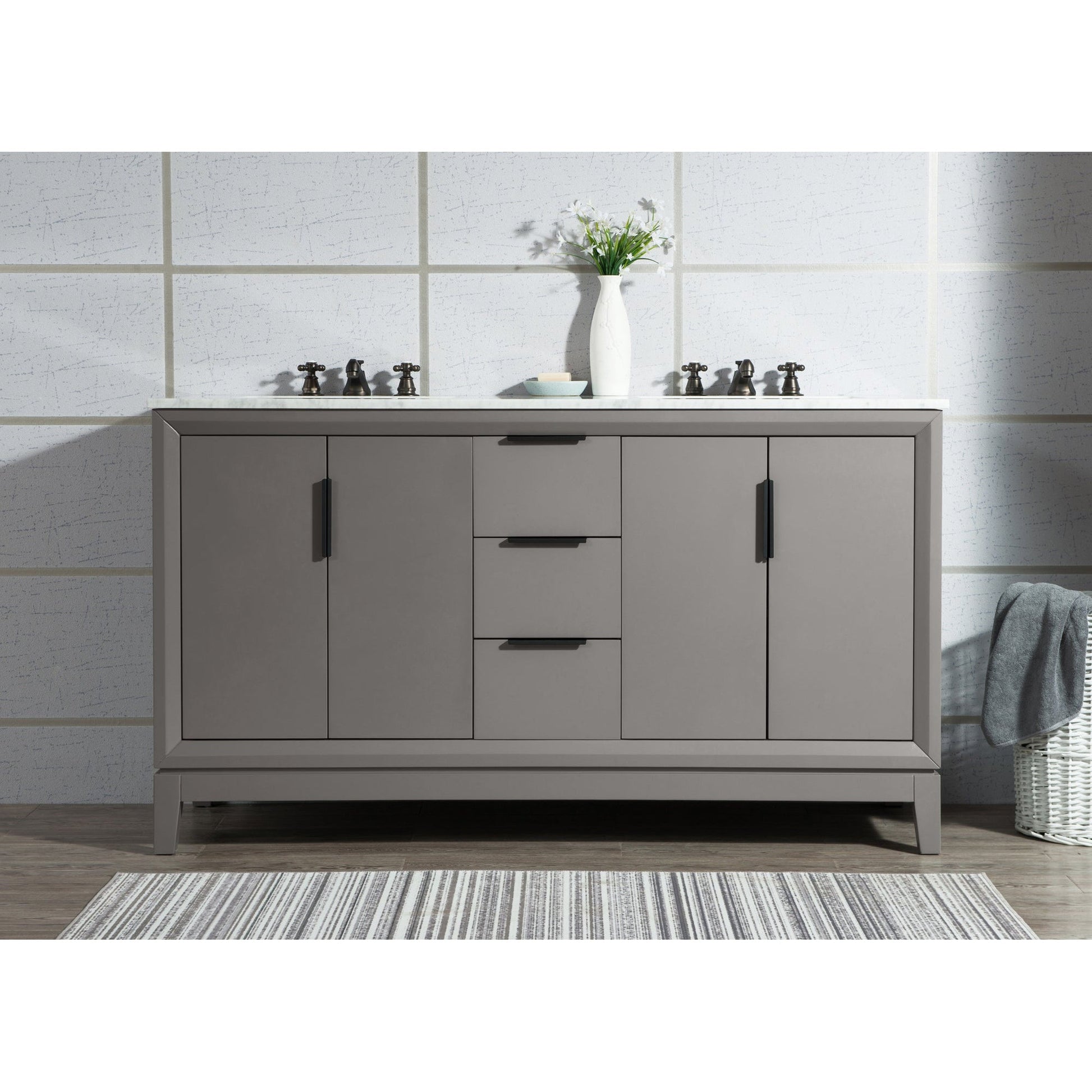 Water Creation Elizabeth 60" Double Sink Carrara White Marble Vanity In Cashmere Grey With Matching Mirror