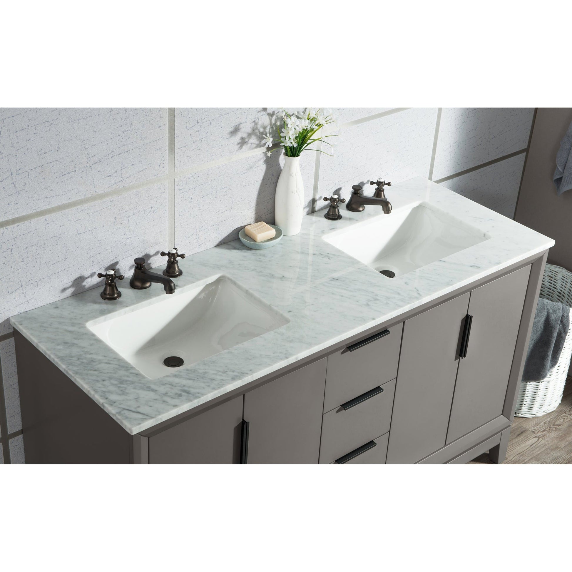 Water Creation Elizabeth 60" Double Sink Carrara White Marble Vanity In Cashmere Grey With Matching Mirror and F2-0009-03-BX Lavatory Faucet