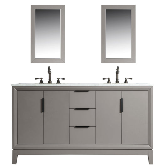 Water Creation Elizabeth 60" Double Sink Carrara White Marble Vanity In Cashmere Grey With Matching Mirror and F2-0012-03-TL Lavatory Faucet