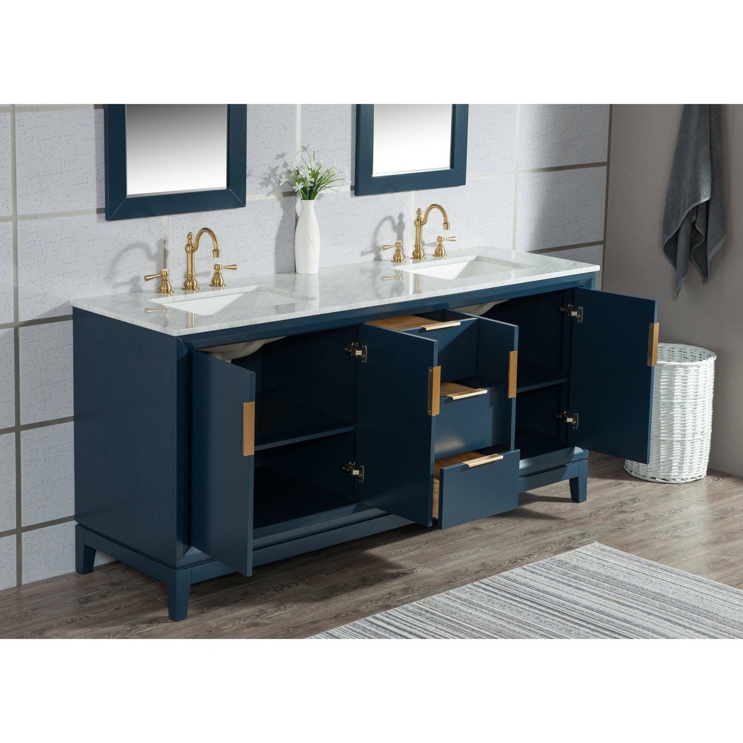 Water Creation Elizabeth 60" Double Sink Carrara White Marble Vanity In Monarch Blue With F2-0012-06-TL Lavatory Faucet