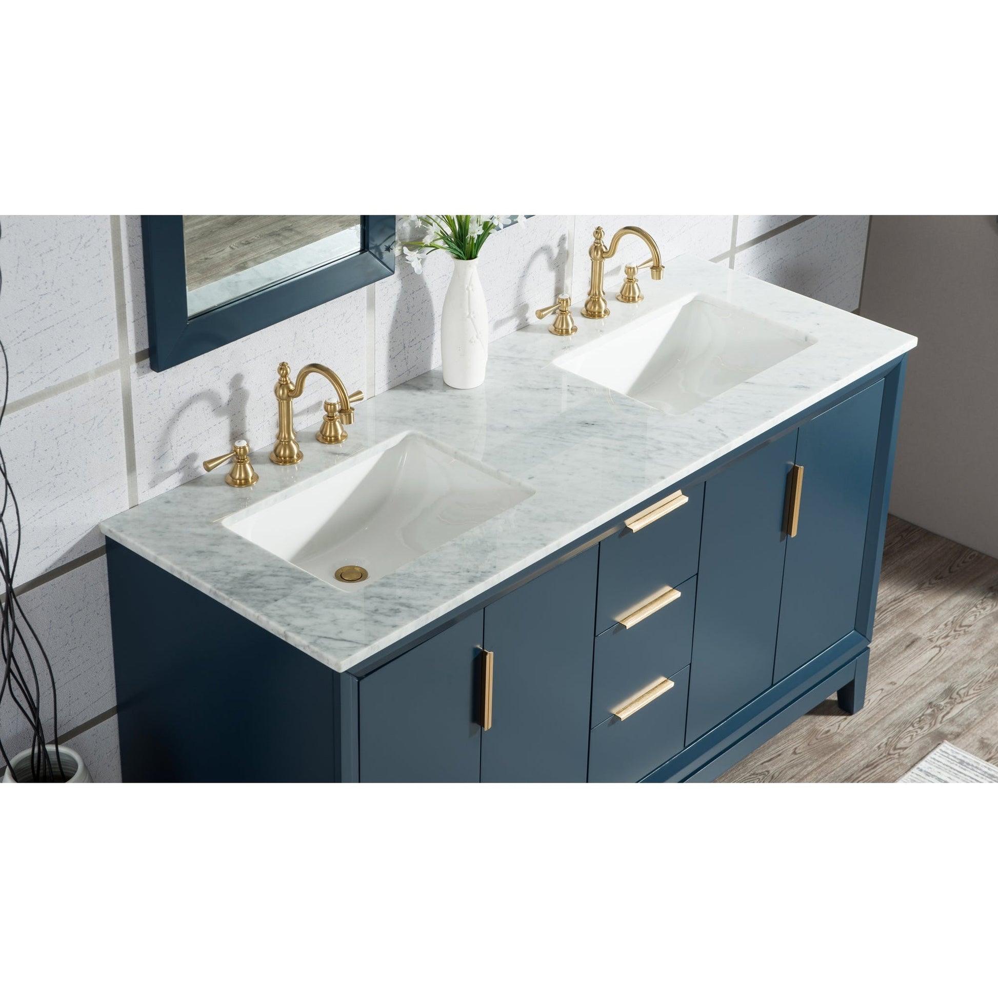 Water Creation Elizabeth 60" Double Sink Carrara White Marble Vanity In Monarch Blue With F2-0012-06-TL Lavatory Faucet