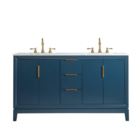 Water Creation Elizabeth 60" Double Sink Carrara White Marble Vanity In Monarch Blue With F2-0012-06-TL Lavatory Faucet