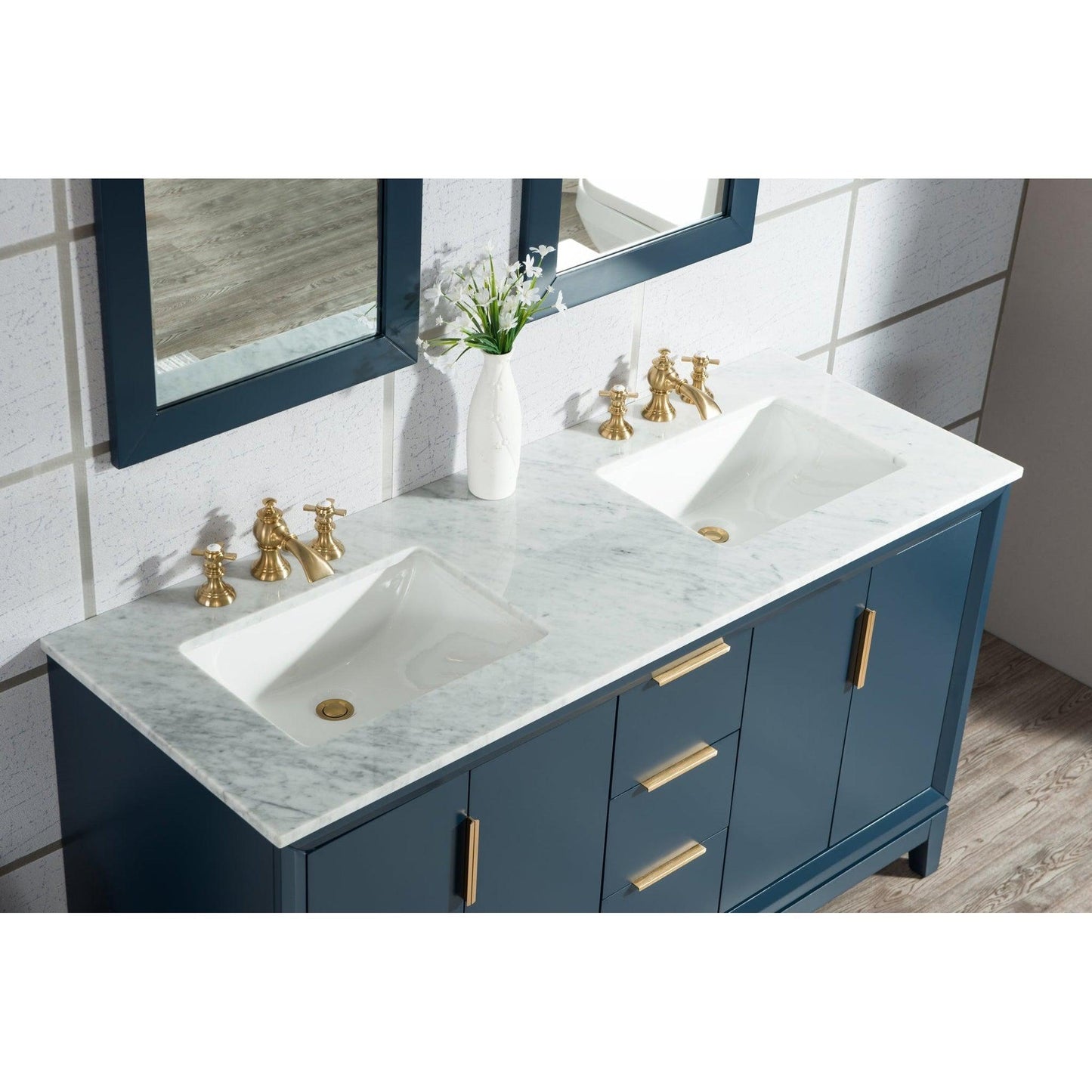 Water Creation Elizabeth 60" Double Sink Carrara White Marble Vanity In Monarch Blue With F2-0013-06-FX Lavatory Faucet
