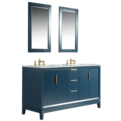 Water Creation Elizabeth 60" Double Sink Carrara White Marble Vanity In Monarch Blue With Matching Mirror