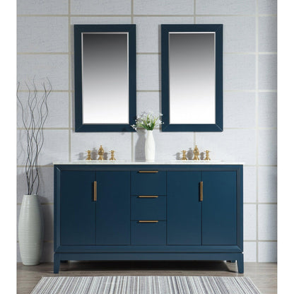 Water Creation Elizabeth 60" Double Sink Carrara White Marble Vanity In Monarch Blue With Matching Mirror