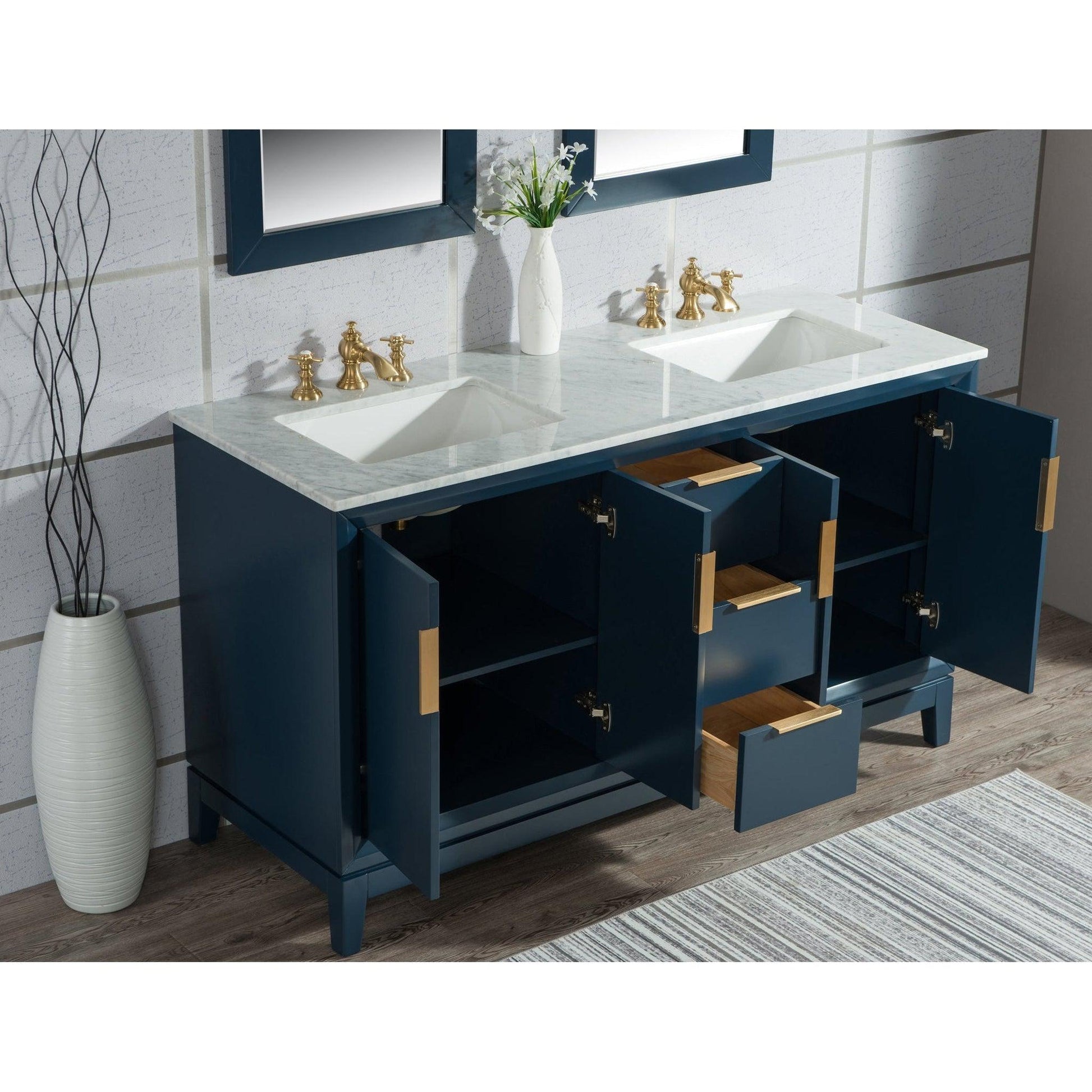 Water Creation Elizabeth 60" Double Sink Carrara White Marble Vanity In Monarch Blue With Matching Mirror