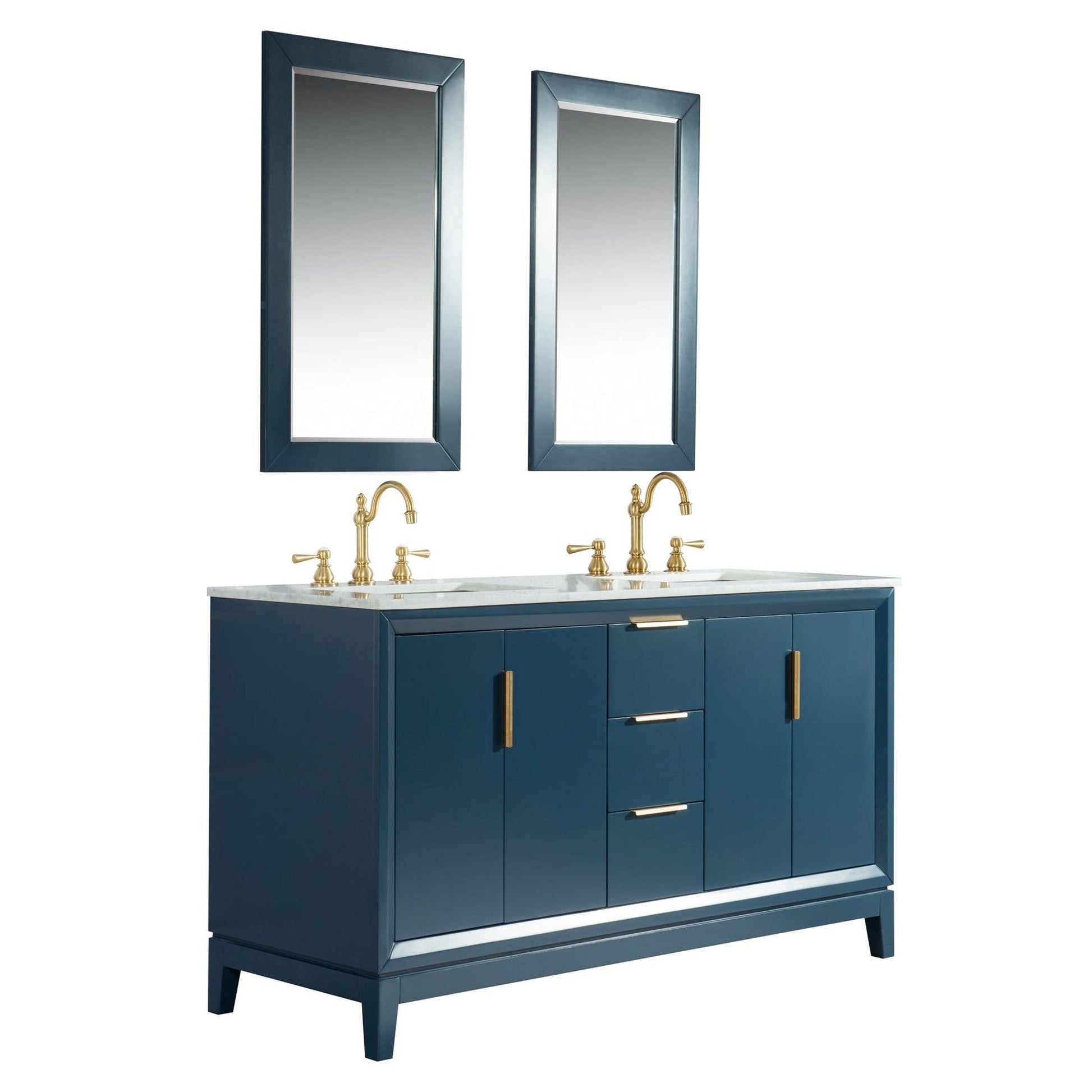 Water Creation Elizabeth 60" Double Sink Carrara White Marble Vanity In Monarch Blue With Matching Mirror and F2-0012-06-TL Lavatory Faucet