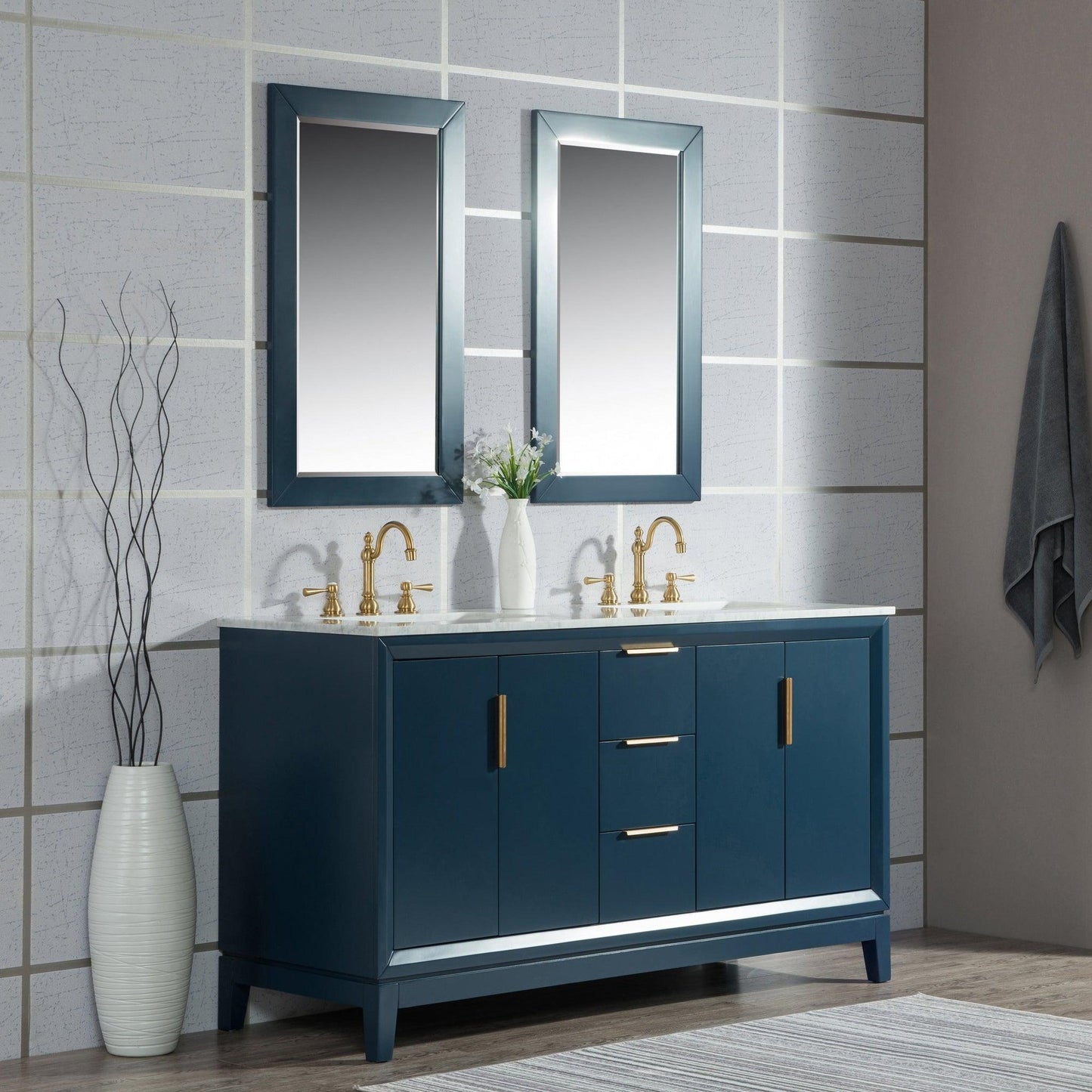 Water Creation Elizabeth 60" Double Sink Carrara White Marble Vanity In Monarch Blue With Matching Mirror and F2-0012-06-TL Lavatory Faucet