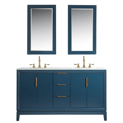 Water Creation Elizabeth 60" Double Sink Carrara White Marble Vanity In Monarch Blue With Matching Mirror and F2-0012-06-TL Lavatory Faucet