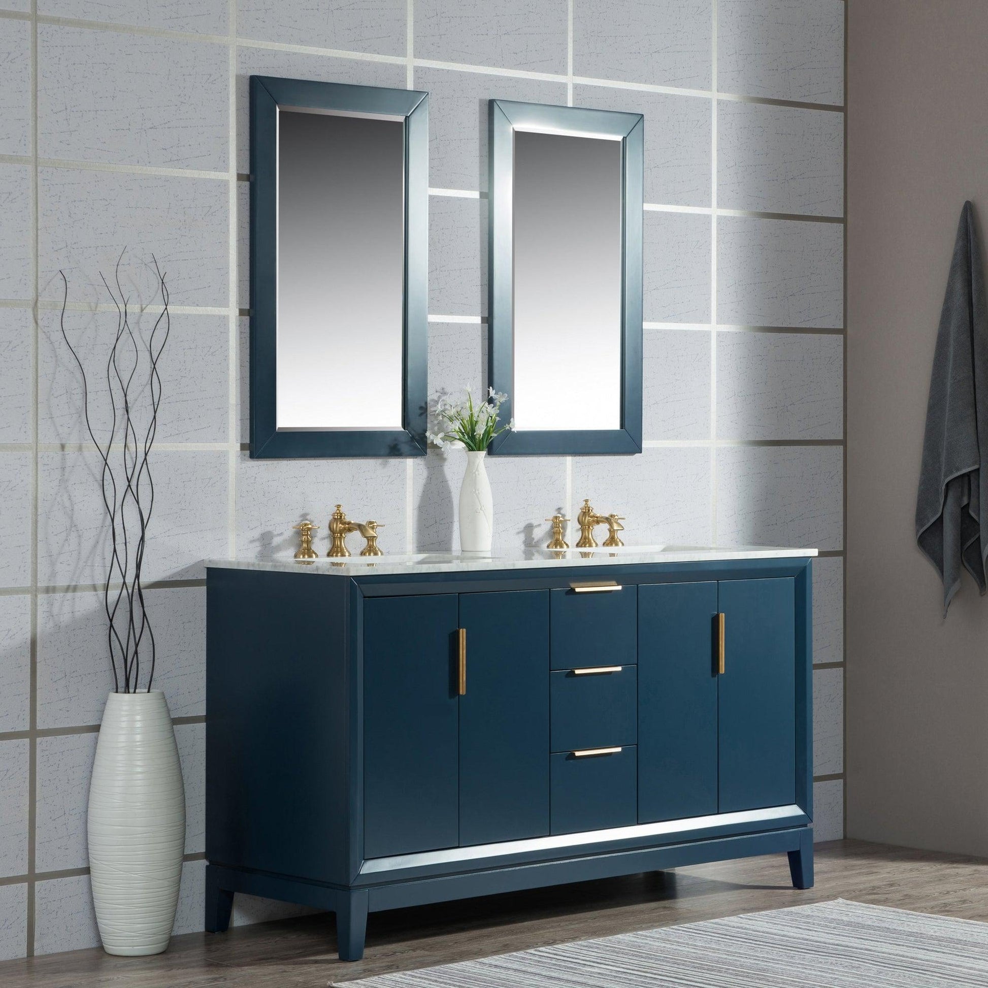 Water Creation Elizabeth 60" Double Sink Carrara White Marble Vanity In Monarch Blue With Matching Mirror and F2-0013-06-FX Lavatory Faucet