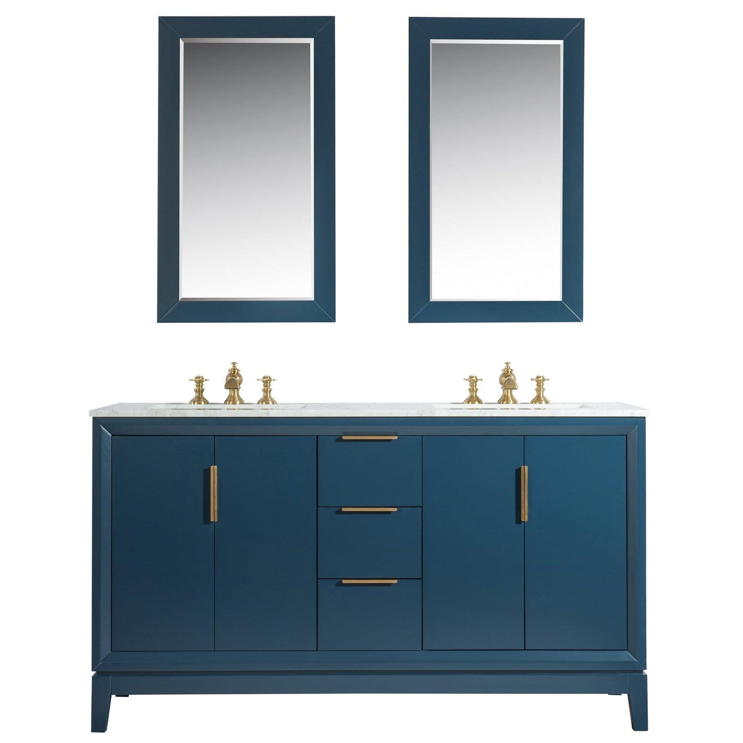 Water Creation Elizabeth 60" Double Sink Carrara White Marble Vanity In Monarch Blue With Matching Mirror and F2-0013-06-FX Lavatory Faucet