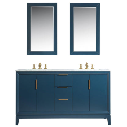 Water Creation Elizabeth 60" Double Sink Carrara White Marble Vanity In Monarch Blue With Matching Mirror