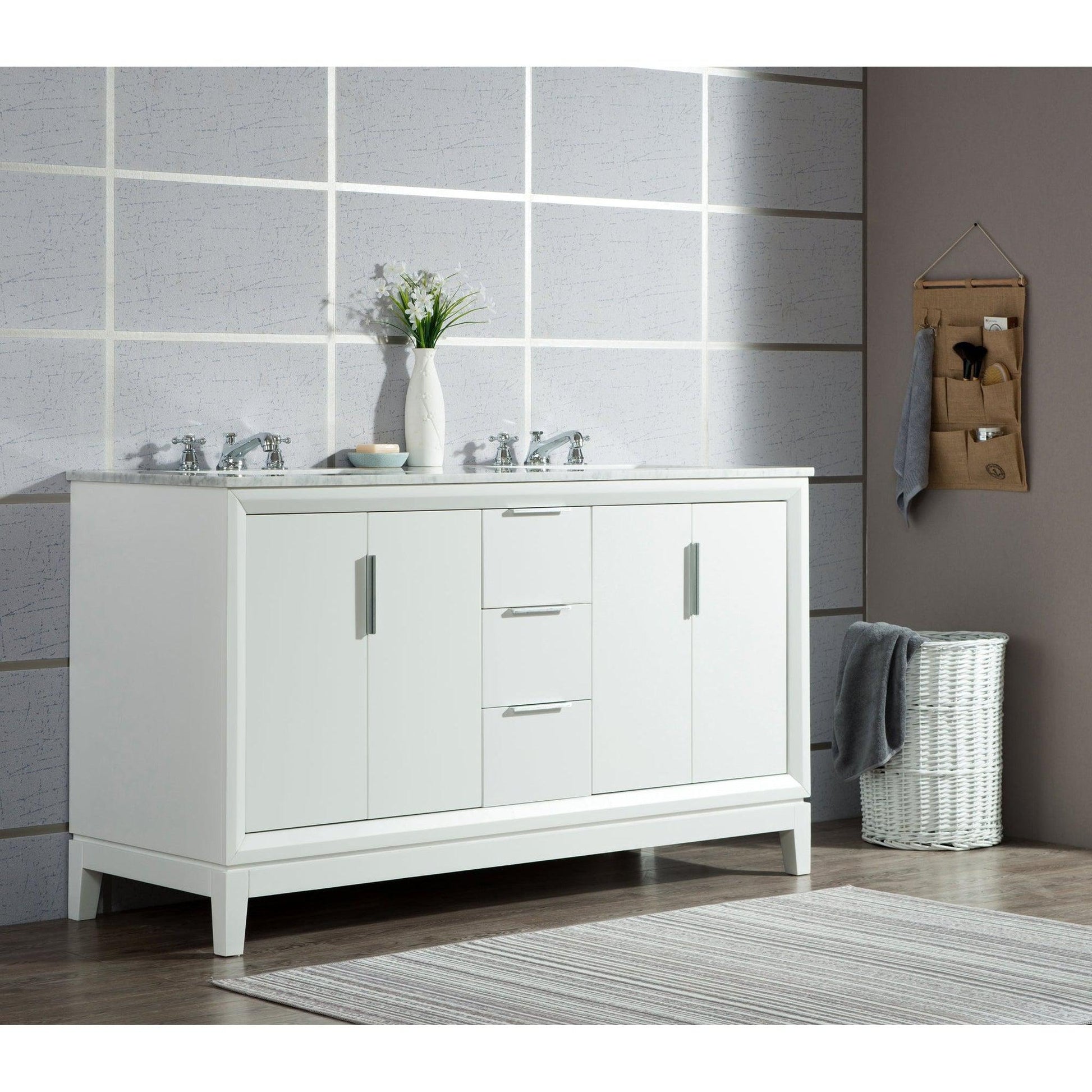 Water Creation Elizabeth 60" Double Sink Carrara White Marble Vanity In Pure White