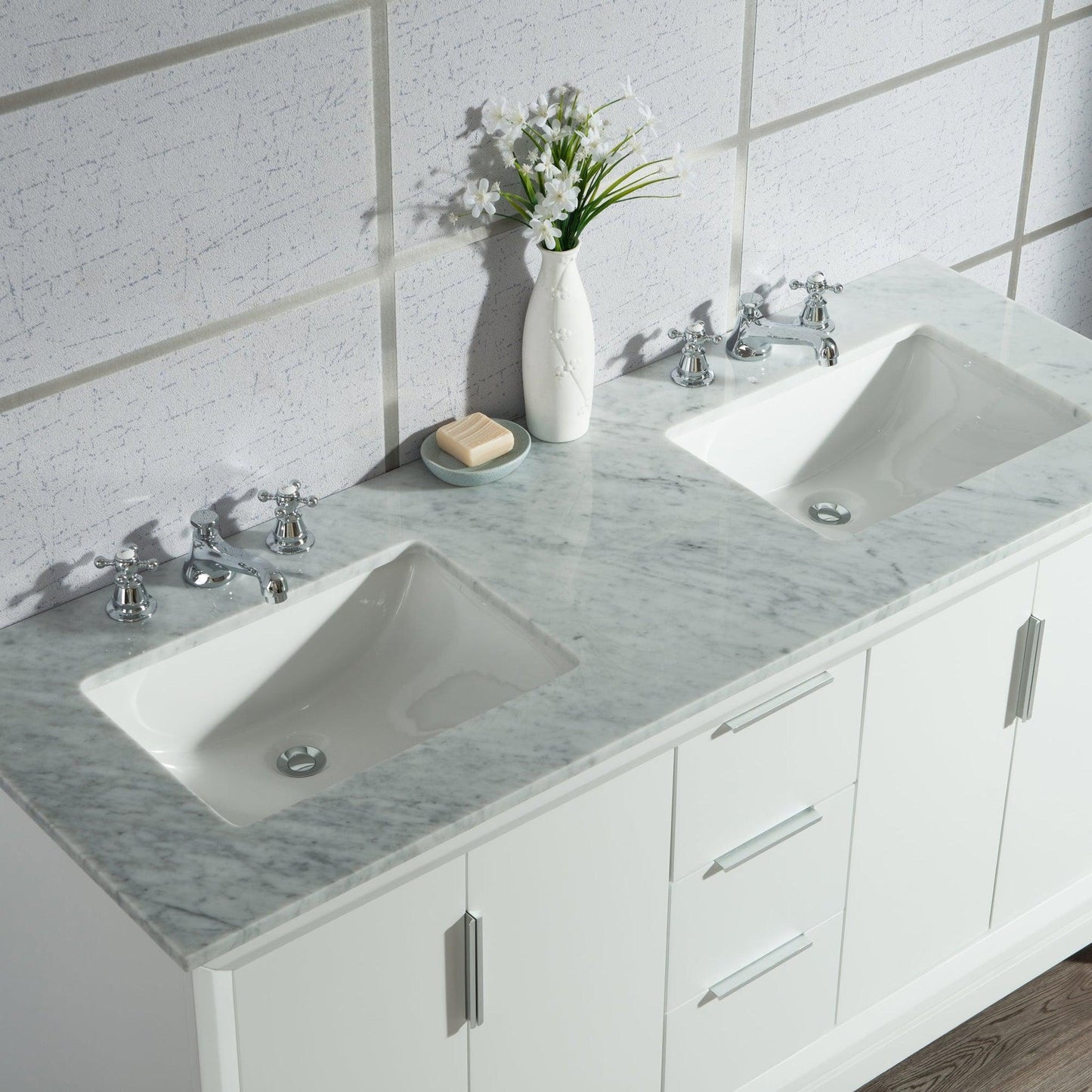 Water Creation Elizabeth 60" Double Sink Carrara White Marble Vanity In Pure White With F2-0009-01-BX Lavatory Faucet