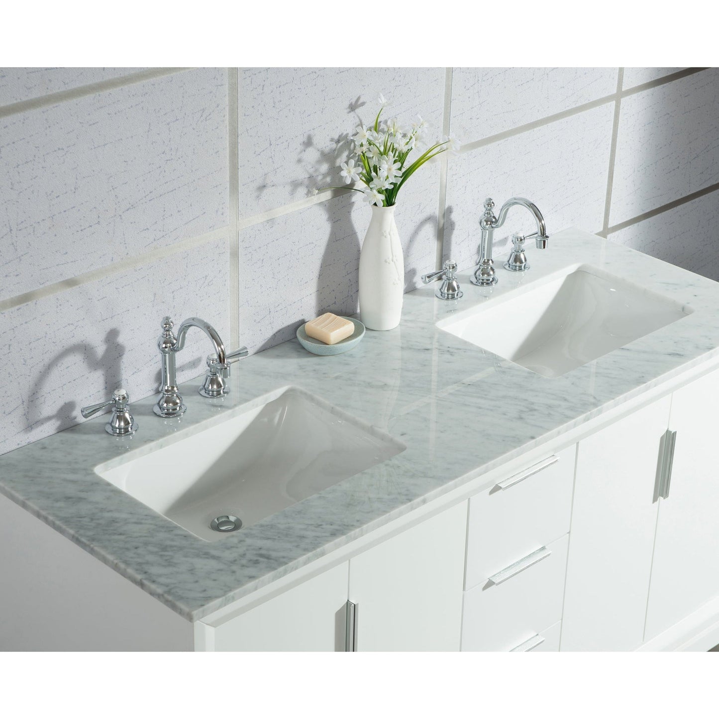 Water Creation Elizabeth 60" Double Sink Carrara White Marble Vanity In Pure White With Matching Mirror and F2-0012-01-TL Lavatory Faucet