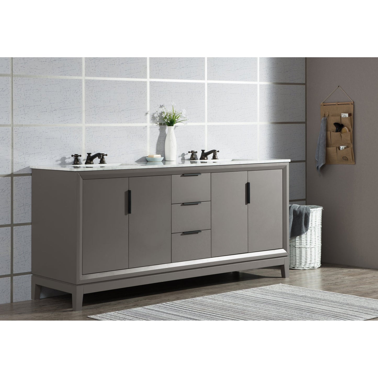 Water Creation Elizabeth 72" Double Sink Carrara White Marble Vanity In Cashmere Grey With F2-0009-03-BX Lavatory Faucet