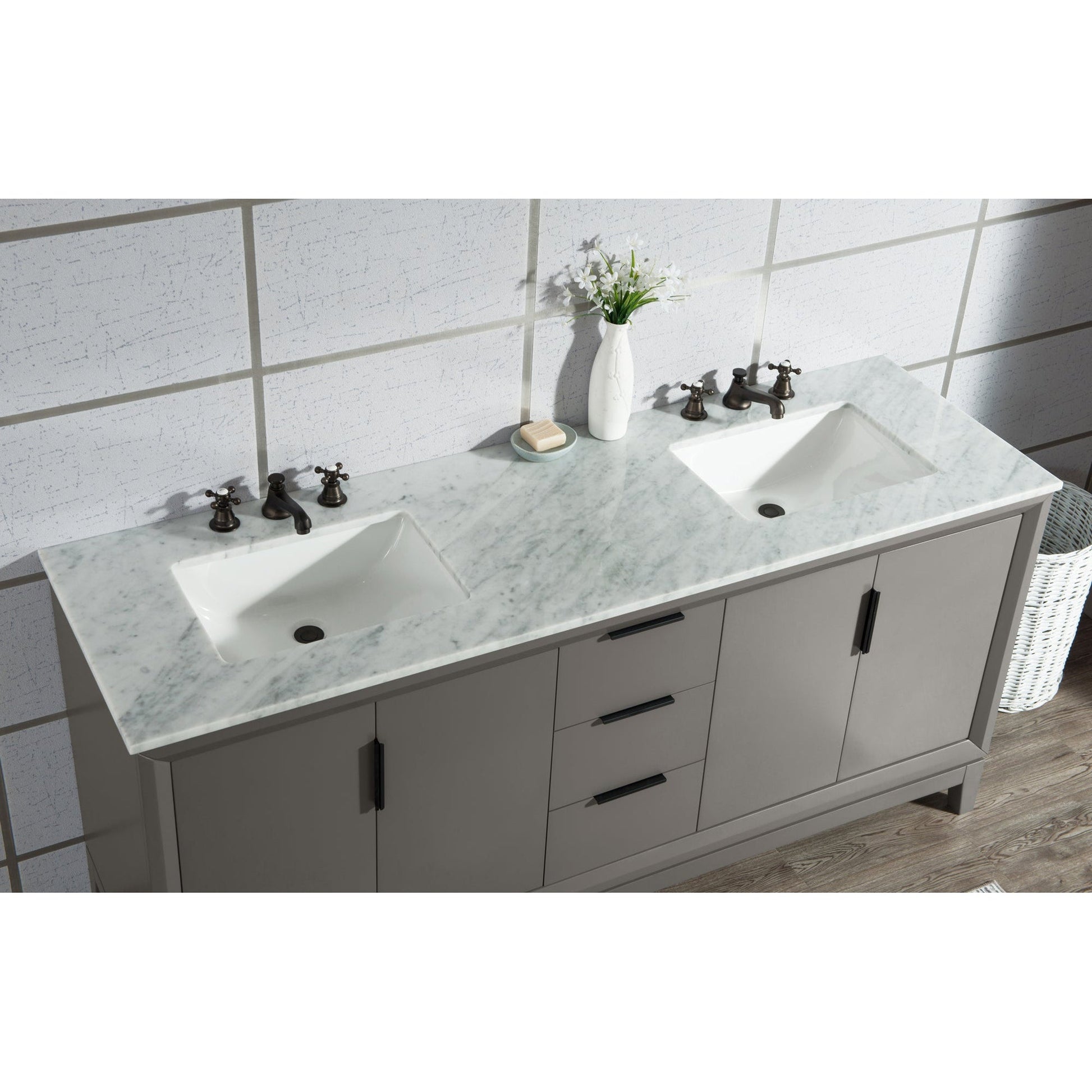 Water Creation Elizabeth 72" Double Sink Carrara White Marble Vanity In Cashmere Grey With F2-0009-03-BX Lavatory Faucet